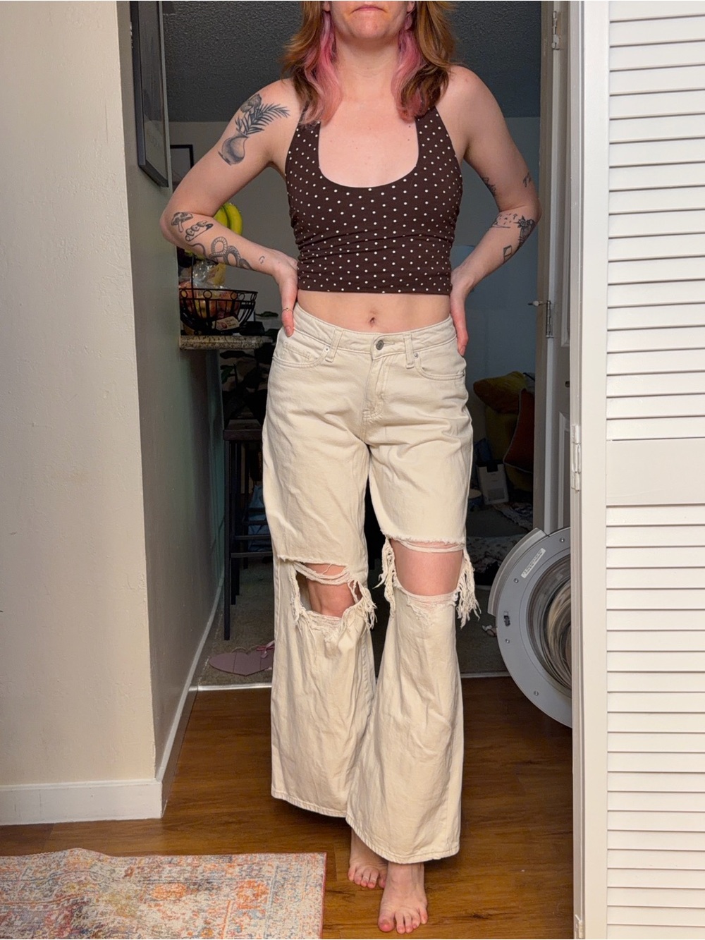 wild fable Cream Distressed Wide-Leg Jeans